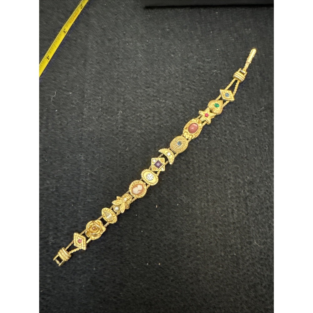 Vintage Unsigned Goldette Victorian Revival Slide Charm Bracelet Rhinestones